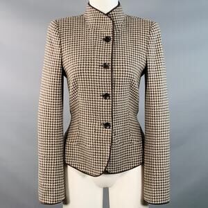 ARMANI COLLEZIONI Size 6 Brown Tan Wool Houndstooth Collarless Jacket Blazer